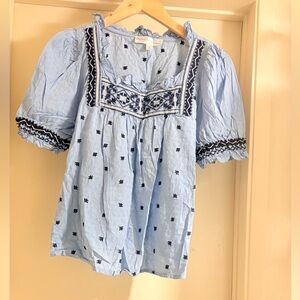 Chelsea & Theodore Sky Blue Blouse with Navy Embroidery